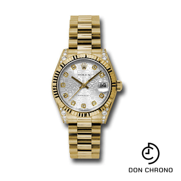 Rolex Yellow Gold Datejust 31 Watch - Fluted Bezel - Silver Jubilee Diamond Dial - President Bracelet - 178238 sjdp