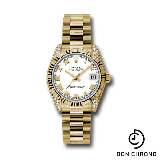 Rolex Yellow Gold Datejust 31 Watch - Fluted Bezel - White Roman Dial - President Bracelet - 178238 wrp