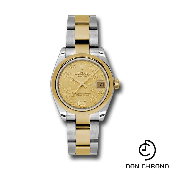 Rolex Steel and Yellow Gold Datejust 31 Watch - Domed Bezel - Champagne Floral Motif Dial - Oyster Bracelet - 178243 chfo