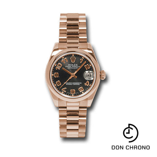 Rolex Pink Gold Datejust 31 Watch - Domed Bezel - Black Arabic Dial - President Bracelet - 178245 bkap