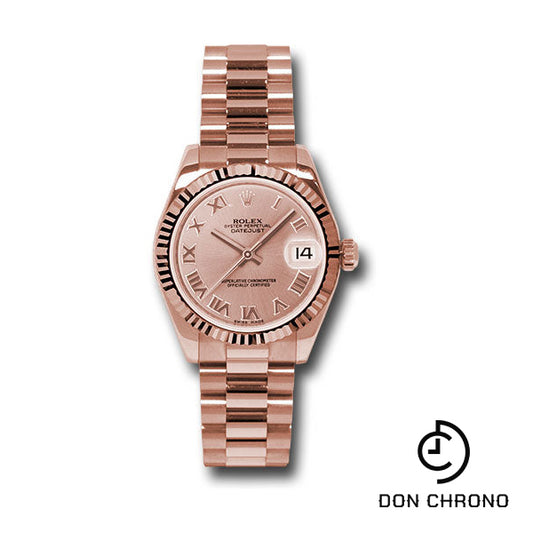 Rolex Pink Gold Datejust 31 Watch - Fluted Bezel - Pink Champagne Roman Dial - President Bracelet - 178275 prp