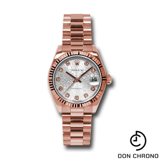 Rolex Pink Gold Datejust 31 Watch - Fluted Bezel - Silver Jubilee Diamond Dial - President Bracelet - 178275 sjdp