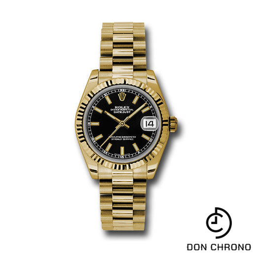 Rolex Yellow Gold Datejust 31 Watch - Fluted Bezel - Black Index Dial - President Bracelet - 178278 bkip