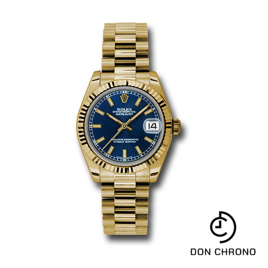 Rolex Yellow Gold Datejust 31 Watch - Fluted Bezel - Blue Index Dial - President Bracelet - 178278 blip