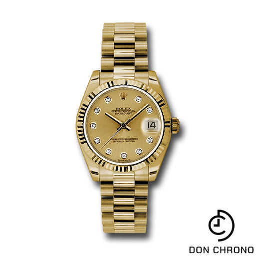 Rolex Yellow Gold Datejust 31 Watch - Fluted Bezel - Champagne Diamond Dial - President Bracelet - 178278 chdp