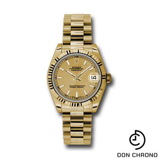 Rolex Yellow Gold Datejust 31 Watch - Fluted Bezel - Champagne Index Dial - President Bracelet - 178278 chip