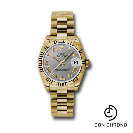 Rolex Yellow Gold Datejust 31 Watch - Fluted Bezel - Gray Roman Dial - President Bracelet - 178278 grp
