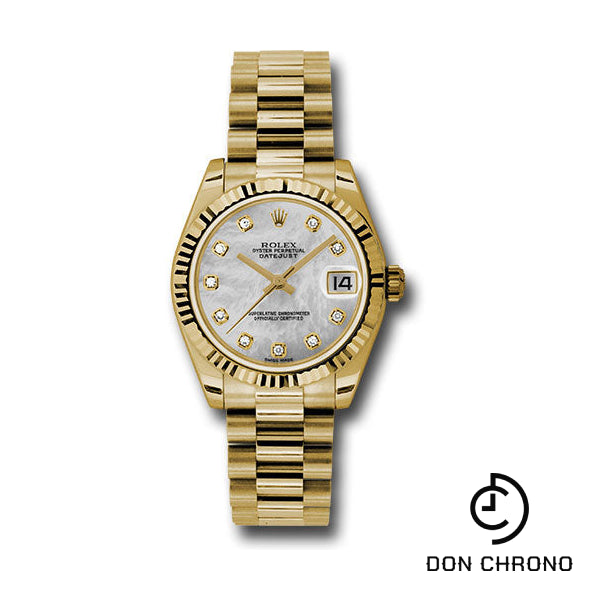 Rolex Yellow Gold Datejust 31 Watch - Fluted Bezel - Mother-Of-Pearl Diamond Dial - President Bracelet - 178278 mdp