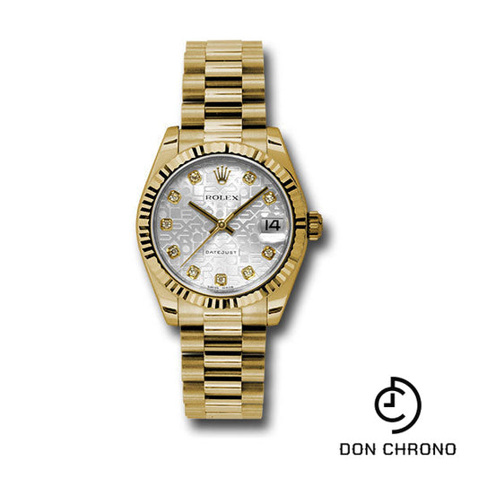Rolex Yellow Gold Datejust 31 Watch - Fluted Bezel - Silver Jubilee Diamond Dial - President Bracelet - 178278 sjdp