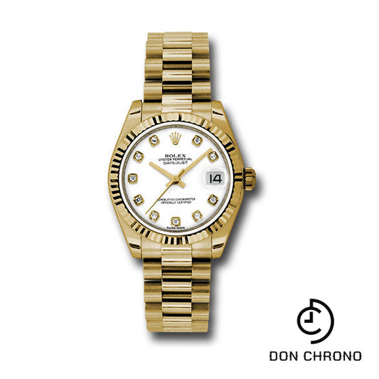 Rolex Yellow Gold Datejust 31 Watch - Fluted Bezel - White Diamond Dial - President Bracelet - 178278 wdp