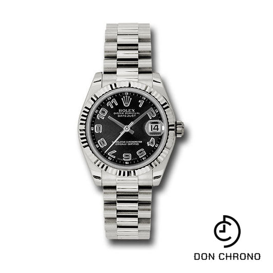 Rolex White Gold Datejust 31 Watch - Fluted Bezel - Black Concentric Circles Arabic Dial - President Bracelet - 178279 bkcap