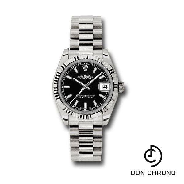 Rolex White Gold Datejust 31 Watch - Fluted Bezel - Black Index Dial - President Bracelet - 178279 bkip