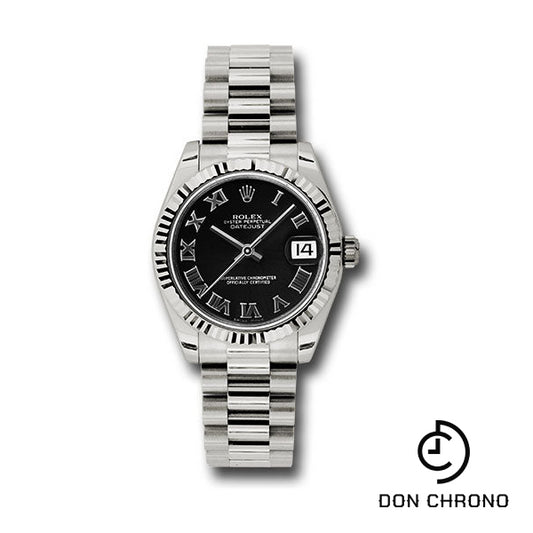 Rolex White Gold Datejust 31 Watch - Fluted Bezel - Black Roman Dial - President Bracelet - 178279 bkrp