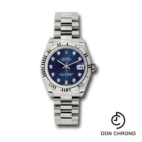 Rolex White Gold Datejust 31 Watch - Fluted Bezel - Blue Diamond Dial - President Bracelet - 178279 bldp