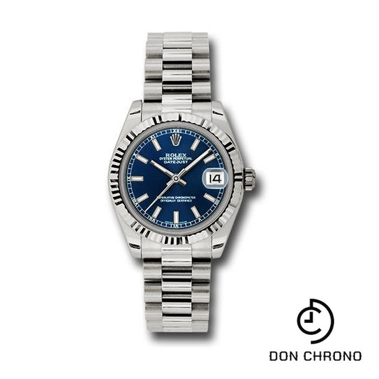 Rolex White Gold Datejust 31 Watch - Fluted Bezel - Blue Index Dial - President Bracelet - 178279 blip