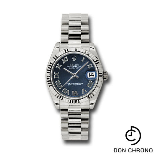 Rolex White Gold Datejust 31 Watch - Fluted Bezel - Blue Roman Dial - President Bracelet - 178279 blrp