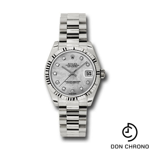 Rolex White Gold Datejust 31 Watch - Fluted Bezel - Mother-Of-Pearl Diamond Dial - President Bracelet - 178279 mdp