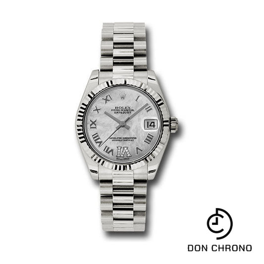 Rolex White Gold Datejust 31 Watch - Fluted Bezel - Mother-Of-Pearl Diamond Roman Vi Roman Dial - President Bracelet - 178279 mdrp