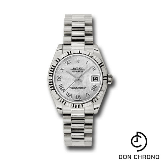 Rolex White Gold Datejust 31 Watch - Fluted Bezel - Mother-Of-Pearl Roman Dial - President Bracelet - 178279 mrp