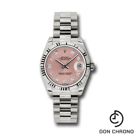 Rolex White Gold Datejust 31 Watch - Fluted Bezel - Pink Diamond Dial - President Bracelet - 178279 pdp