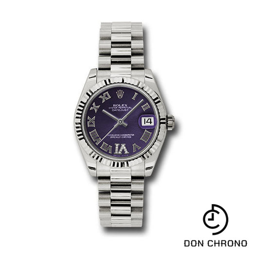 Rolex White Gold Datejust 31 Watch - Fluted Bezel - Purple Diamond Roman Vi Roman Dial - President Bracelet - 178279 pdrp