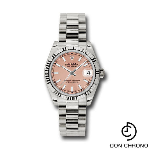 Rolex White Gold Datejust 31 Watch - Fluted Bezel - Pink Index Dial - President Bracelet - 178279 pip