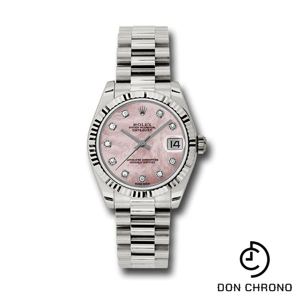 Rolex White Gold Datejust 31 Watch - Fluted Bezel - Pink Mother-Of-Pearl Diamond Dial - President Bracelet - 178279 pmdp