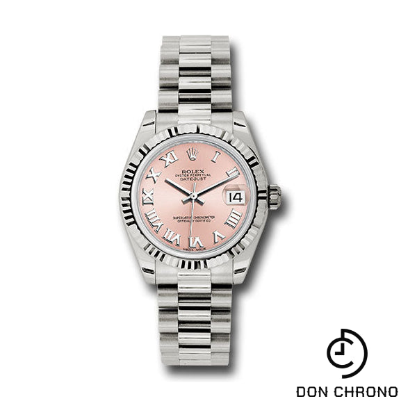 Rolex White Gold Datejust 31 Watch - Fluted Bezel - Pink Roman Dial - President Bracelet - 178279 prp