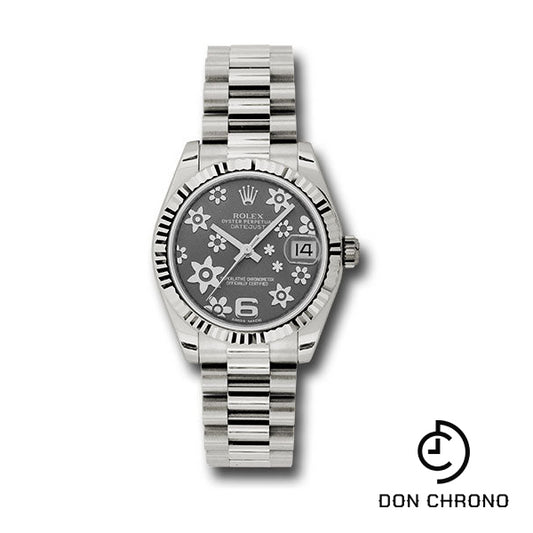 Rolex White Gold Datejust 31 Watch - Fluted Bezel - Dark Rhodium Floral Motif Dial - President Bracelet - 178279 rfp