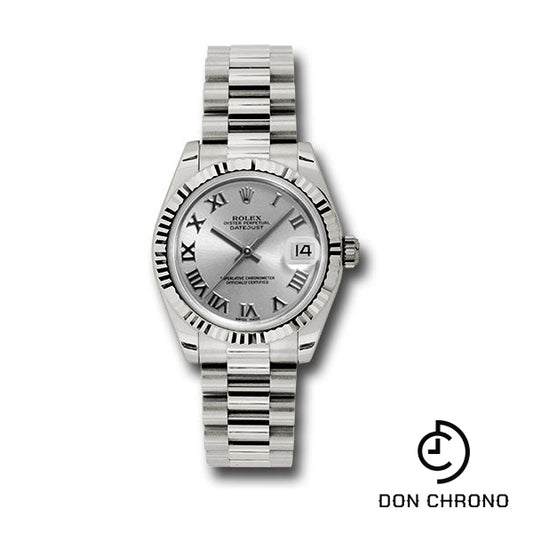 Rolex White Gold Datejust 31 Watch - Fluted Bezel - Rhodium Roman Dial - President Bracelet - 178279 rrp