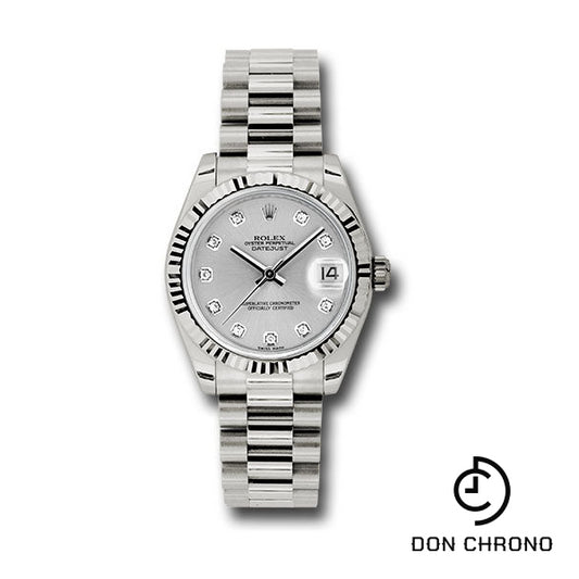 Rolex White Gold Datejust 31 Watch - Fluted Bezel - Silver Diamond Dial - President Bracelet - 178279 sdp