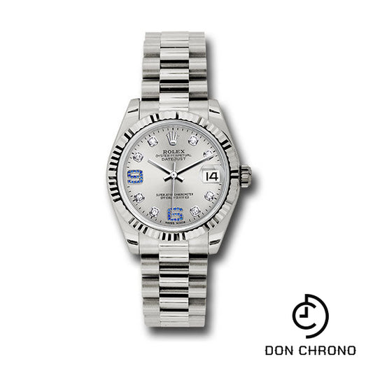 Rolex White Gold Datejust 31 Watch - Fluted Bezel - Silver Diamond Sapphire 6 And 9 Diamond Dial - President Bracelet - 178279 sdsap