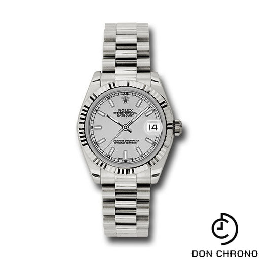 Rolex White Gold Datejust 31 Watch - Fluted Bezel - Silver Index Dial - President Bracelet - 178279 sip