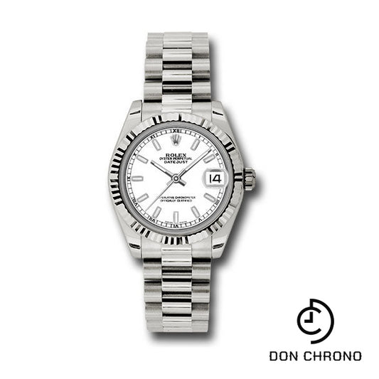 Rolex White Gold Datejust 31 Watch - Fluted Bezel - White Index Dial - President Bracelet - 178279 wip