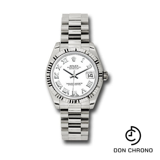 Rolex White Gold Datejust 31 Watch - Fluted Bezel - White Roman Dial - President Bracelet - 178279 wrp