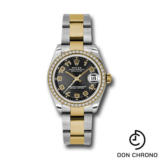 Rolex Steel and Yellow Gold Datejust 31 Watch - 46 Diamond Bezel - Black Concentric Circle Arabic Dial - Oyster Bracelet - 178383 bkcao