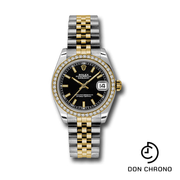 Rolex Steel and Yellow Gold Datejust 31 Watch - 46 Diamond Bezel - Black Index Dial - Jubilee Bracelet - 178383 bkij