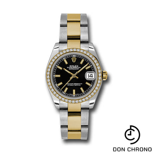 Rolex Steel and Yellow Gold Datejust 31 Watch - 46 Diamond Bezel - Black Index Dial - Oyster Bracelet - 178383 bkio