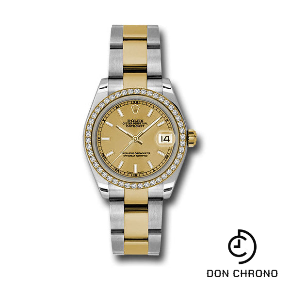 Rolex Steel and Yellow Gold Datejust 31 Watch - 46 Diamond Bezel - Champagne Index Dial - Oyster Bracelet - 178383 chio