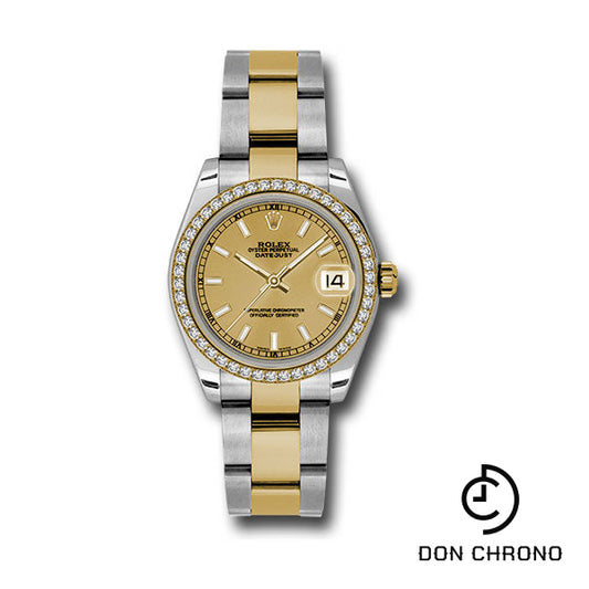 Rolex Steel and Yellow Gold Datejust 31 Watch - 46 Diamond Bezel - Champagne Index Dial - Oyster Bracelet - 178383 chio