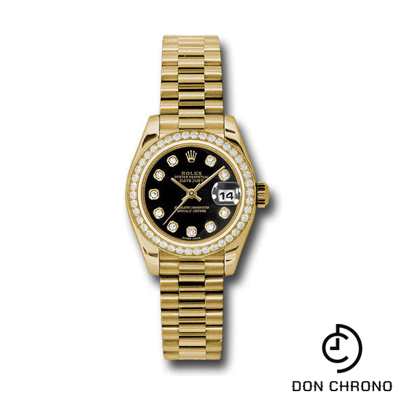 Rolex Yellow Gold Lady-Datejust 26 Watch - 42 Diamond Bezel - Black Diamond Dial - President Bracelet - 179138 bkdp