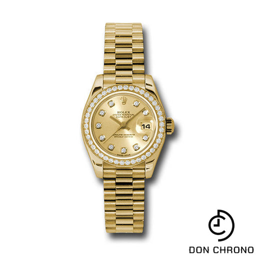 Rolex Yellow Gold Lady-Datejust 26 Watch - 42 Diamond Bezel - Champagne Diamond Dial - President Bracelet - 179138 chdp