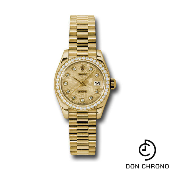 Rolex Yellow Gold Lady-Datejust 26 Watch - 42 Diamond Bezel - Champagne Jubilee Diamond Dial - President Bracelet - 179138 chjdp