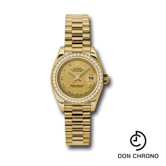 Rolex Yellow Gold Lady-Datejust 26 Watch - 42 Diamond Bezel - Champagne Roman Dial - President Bracelet - 179138 chrp