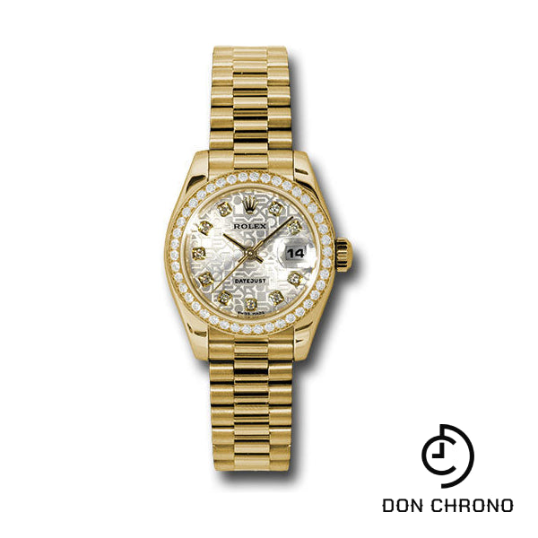 Rolex Yellow Gold Lady-Datejust 26 Watch - 42 Diamond Bezel - Silver Jubilee Diamond Dial - President Bracelet - 179138 sjdp