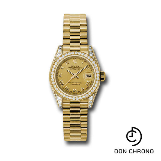 Rolex Yellow Gold Lady-Datejust 26 Watch - 42 Diamond Bezel - Champagne Roman Dial - President Bracelet - 179158 chrp