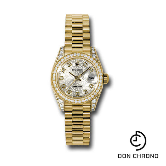 Rolex Yellow Gold Lady-Datejust 26 Watch - 42 Diamond Bezel - Silver Jubilee Diamond Dial - President Bracelet - 179158 sjdp