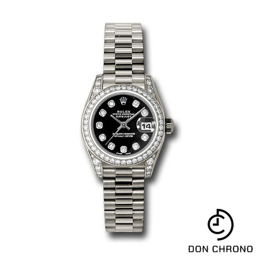 Rolex White Gold Lady-Datejust 26 Watch - 42 Diamond Bezel - Black Diamond Dial - President Bracelet - 179159 bkdp