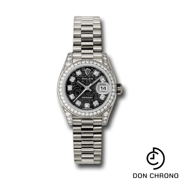 Rolex White Gold Lady-Datejust 26 Watch - 42 Diamond Bezel - Black Jubilee Diamond Dial - President Bracelet - 179159 bkjdp