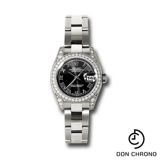 Rolex White Gold Lady-Datejust 26 Watch - 42 Diamond Bezel - Black Roman Dial - Oyster Bracelet - 179159 bkro